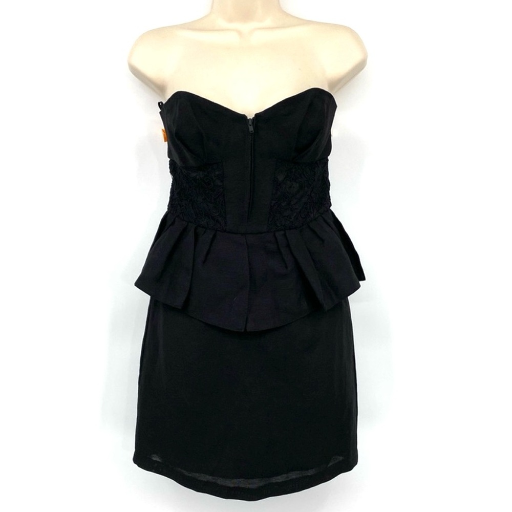 Jill Stuart Strapless Dress Womens Size 2 Black Lace Peplum Pleated Fit & Flare